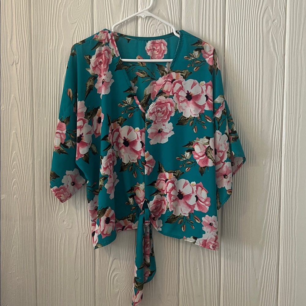 Floral Kimono Top with Tie Front